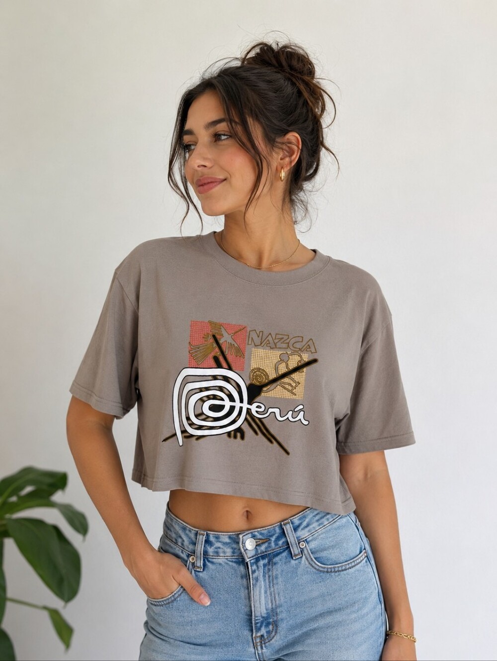 Karissma Peru Graphic Crop Tee - Taupe Size L